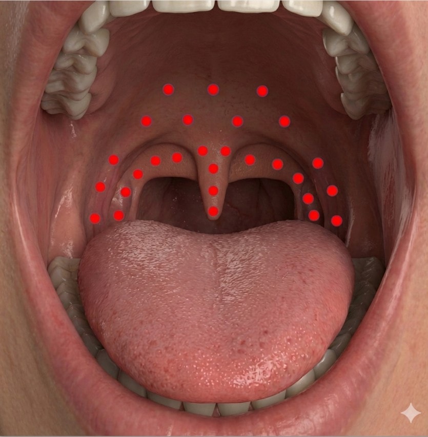 Diagram showing QuietNite soft palate laser treatment points