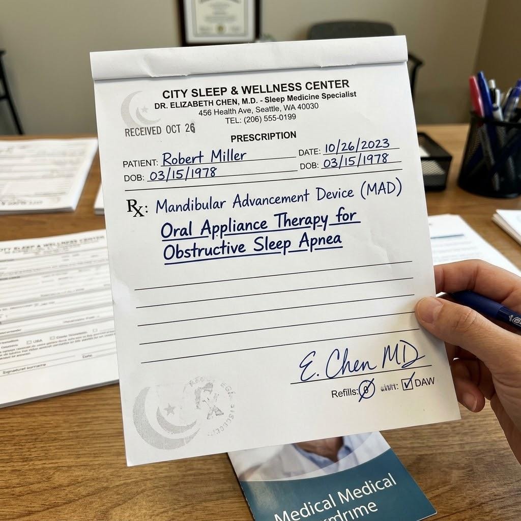 A signed prescription for a Mandibular Advancement Device for oral appliance therapy